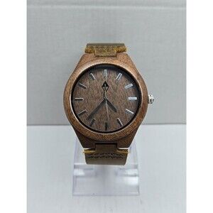 Woodgrain Mens Wooden Watch Brown Dial Leather Strap Quartz Analog New Battery